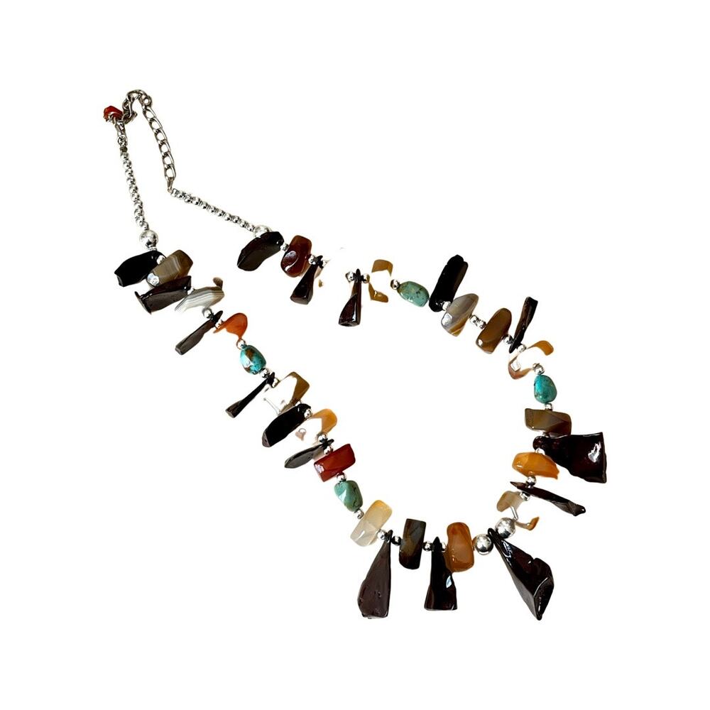Gemstone Chip Beads, Vintage Brown Obsidian, Turquoise, Agate Beaded Necklace